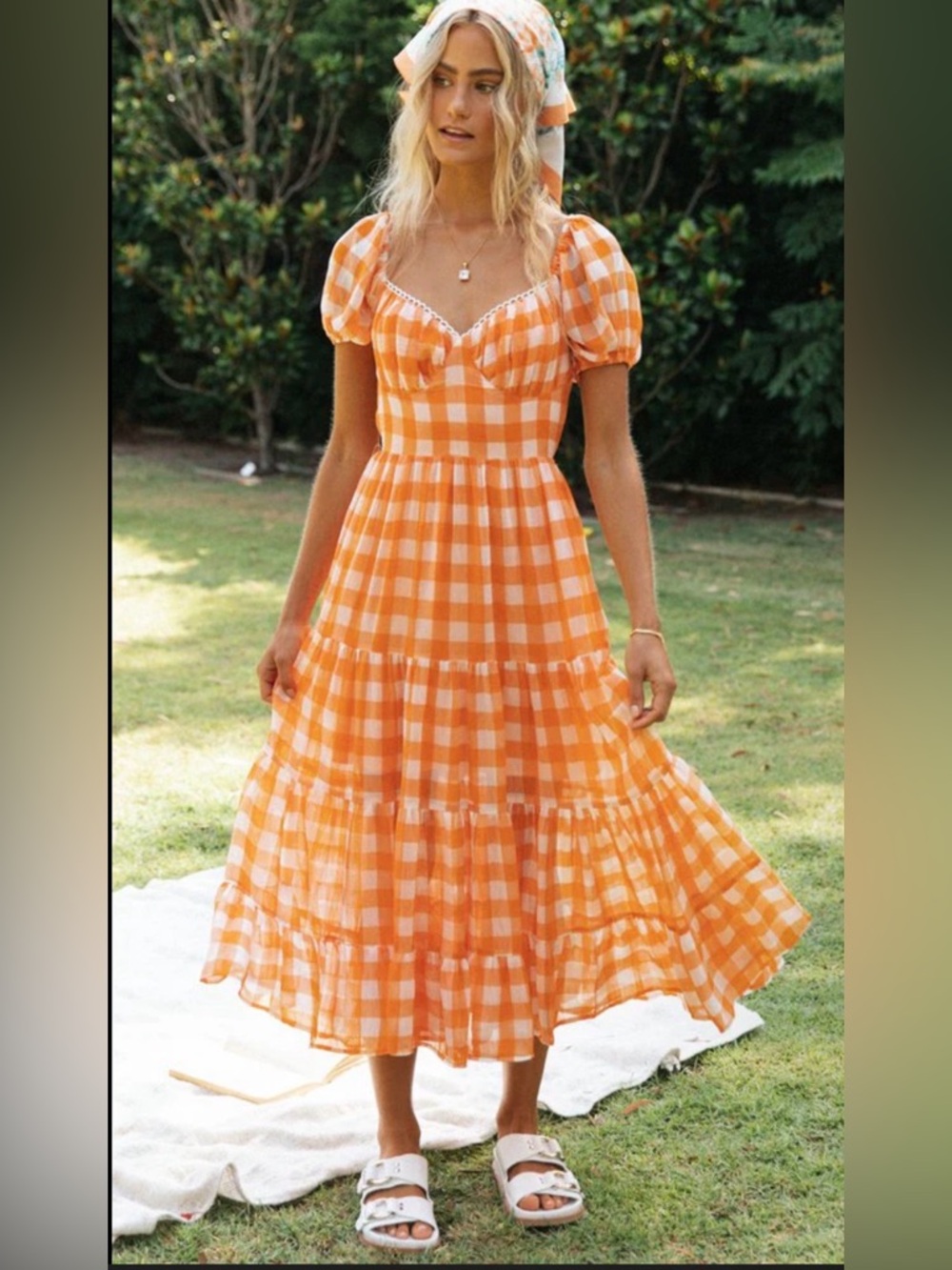 MARBLE Orange and White Gingham Tiered Midi Dress